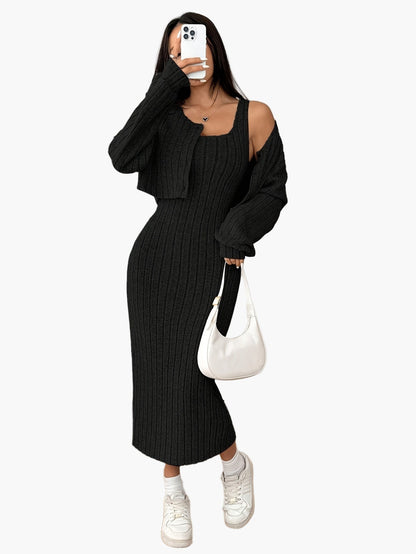 Dam Set med Kjol och Kofta – Elegant Ribbad Stickad Outfit för Vardag och Fritid