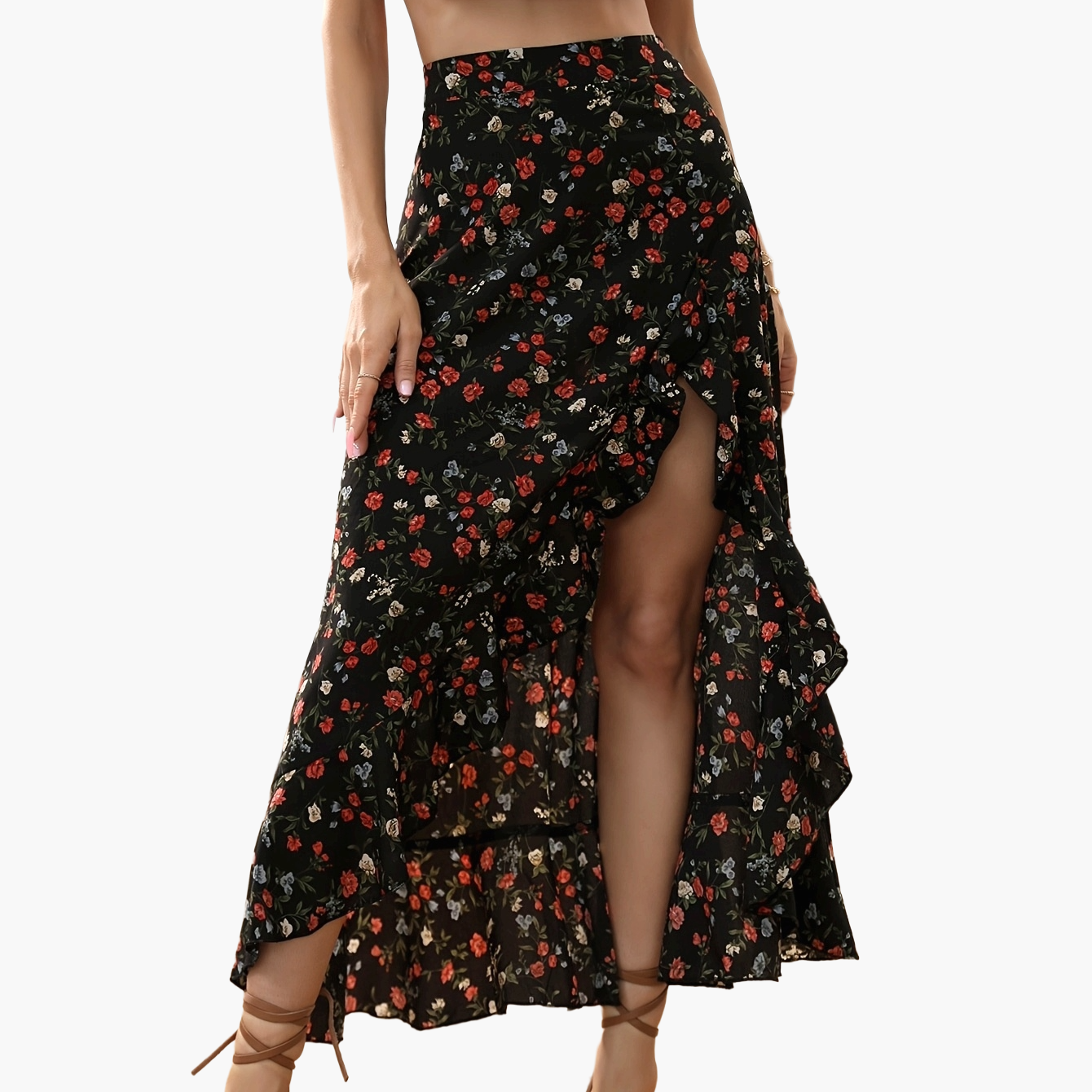 Dam Kjol Elegant Blommig Omlott Sommarkjol med Volang och Hög Slits