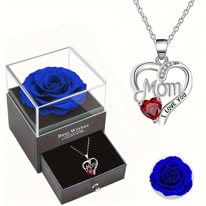 Smyckeset för Dam – Halsband med Hjärtformat 'Mom I Love You'-Hänge och Evighetsros i Presentask – Perfekt Gåva till Mamma