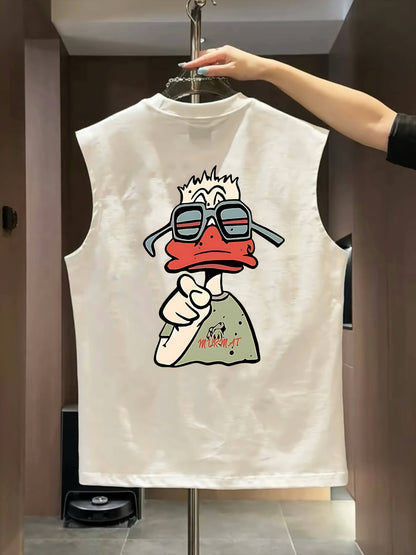Herrarnas ärmlösa streetwear t-shirt med tecknad anka och urban stil