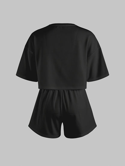 Dam Pyjamaset med Tryckta Hjärtan – Kortärmad Topp och Shorts, Perfekt för Hemma och Sovrum