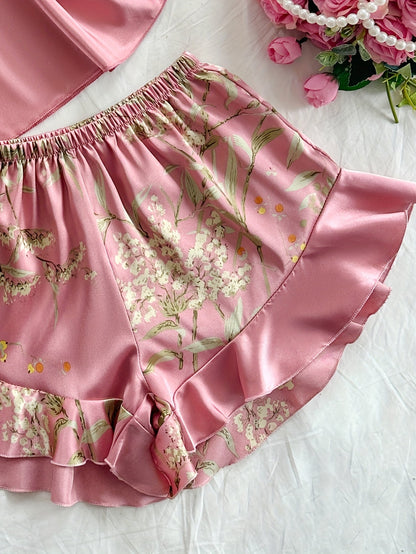 Damernas Satinpyjamas Set med Spetsdetaljer och Blommigt Mönster – Elegant Sommar Nattklädsel