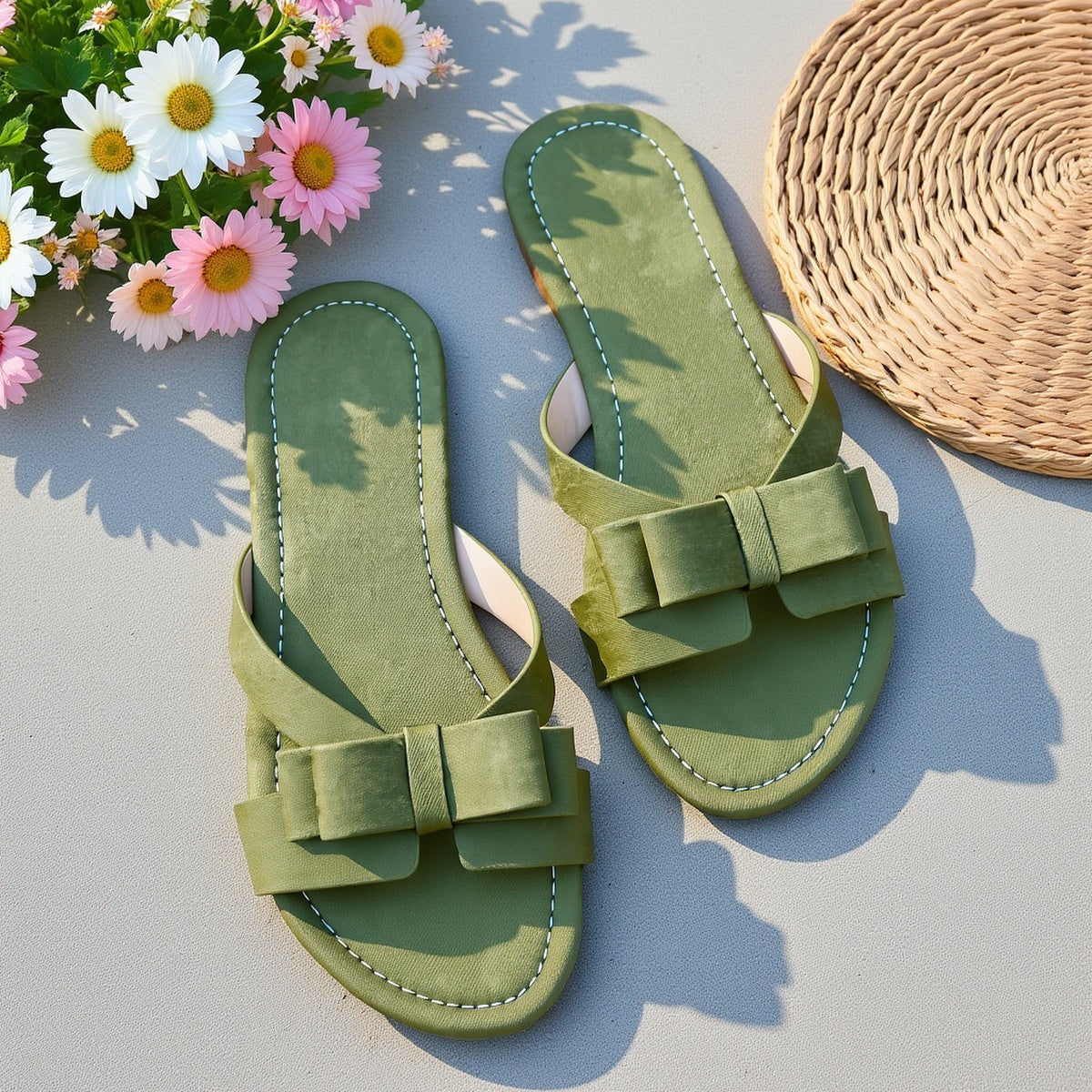 Damers eleganta platta sandaler med rosett för sommar och vardag