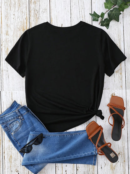 Dam T-shirt med blommigt och fjädertryck, avslappnad stil, perfekt för vardagsbruk