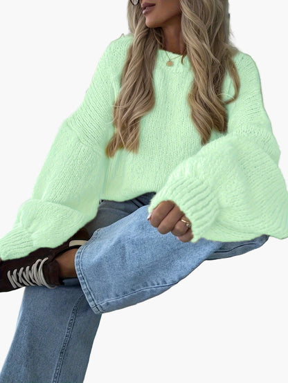 Damstickad oversized tröja med ballongärmar för höst och vinter, avslappnad stil