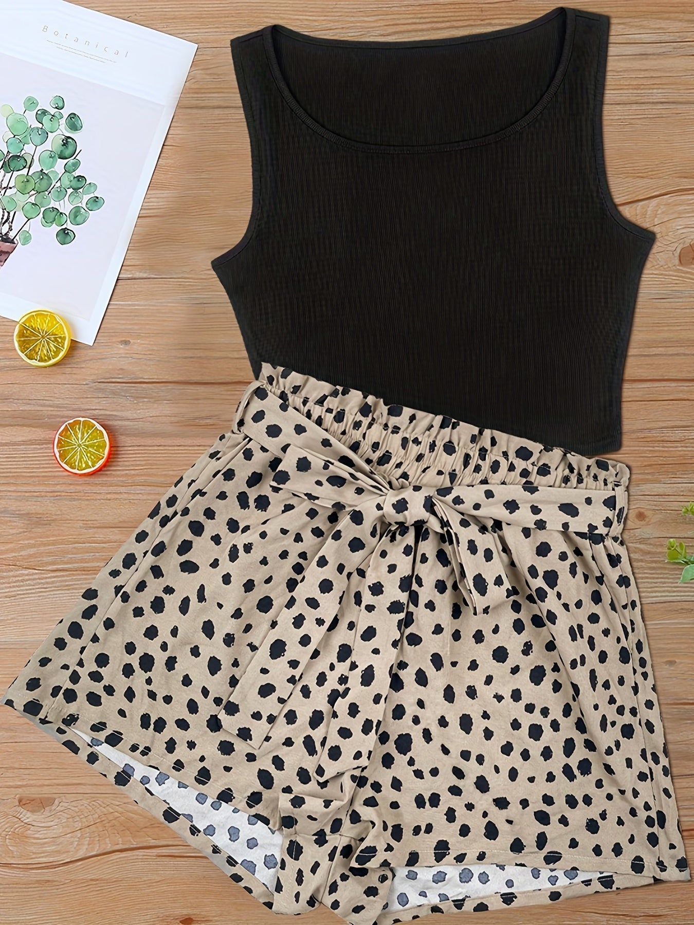 Dam Shorts Set med Prickigt Mönster och Elegant Linne – Perfekt för Vår och Sommar