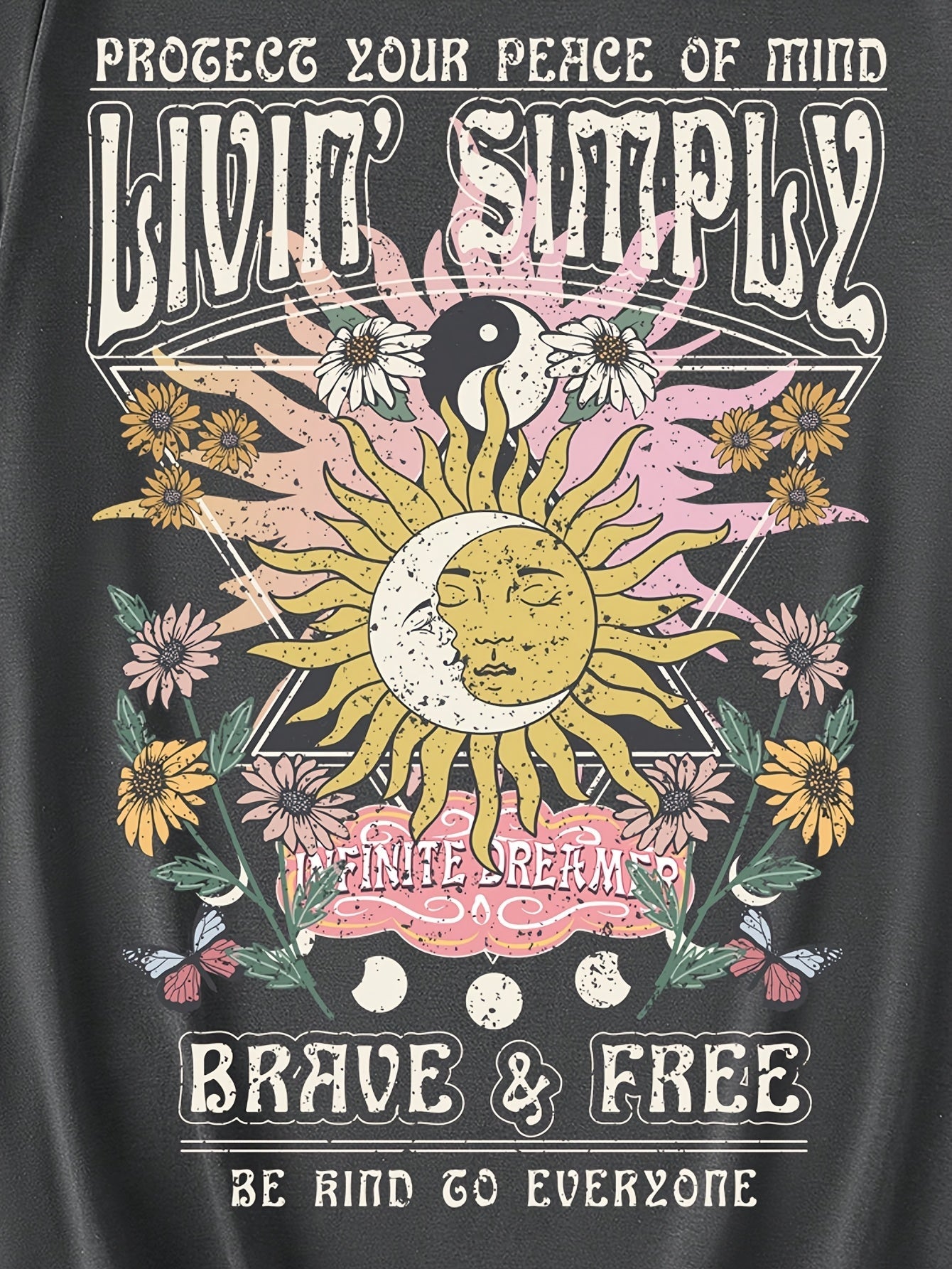 Dam T-shirt med Boho-tryck och inspirerande text, avslappnad stil