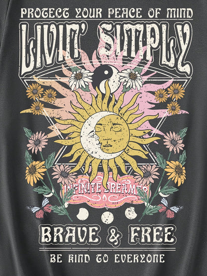 Dam T-shirt med Boho-tryck och inspirerande text, avslappnad stil