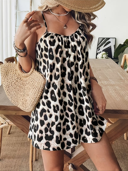 Dam Leopardmönstrad Somrig Kort Jumpsuit med Spaghettiband, Trendig och Avslappnad