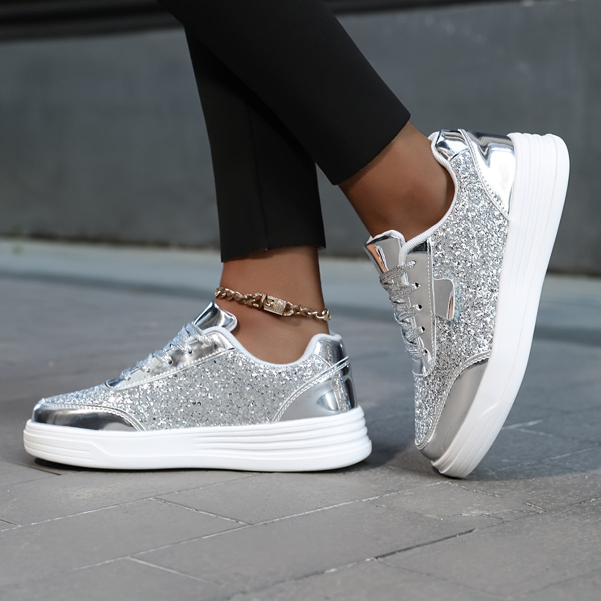 Dam Sneakers Plattform Glittrig Trendig Mode Promenadskor