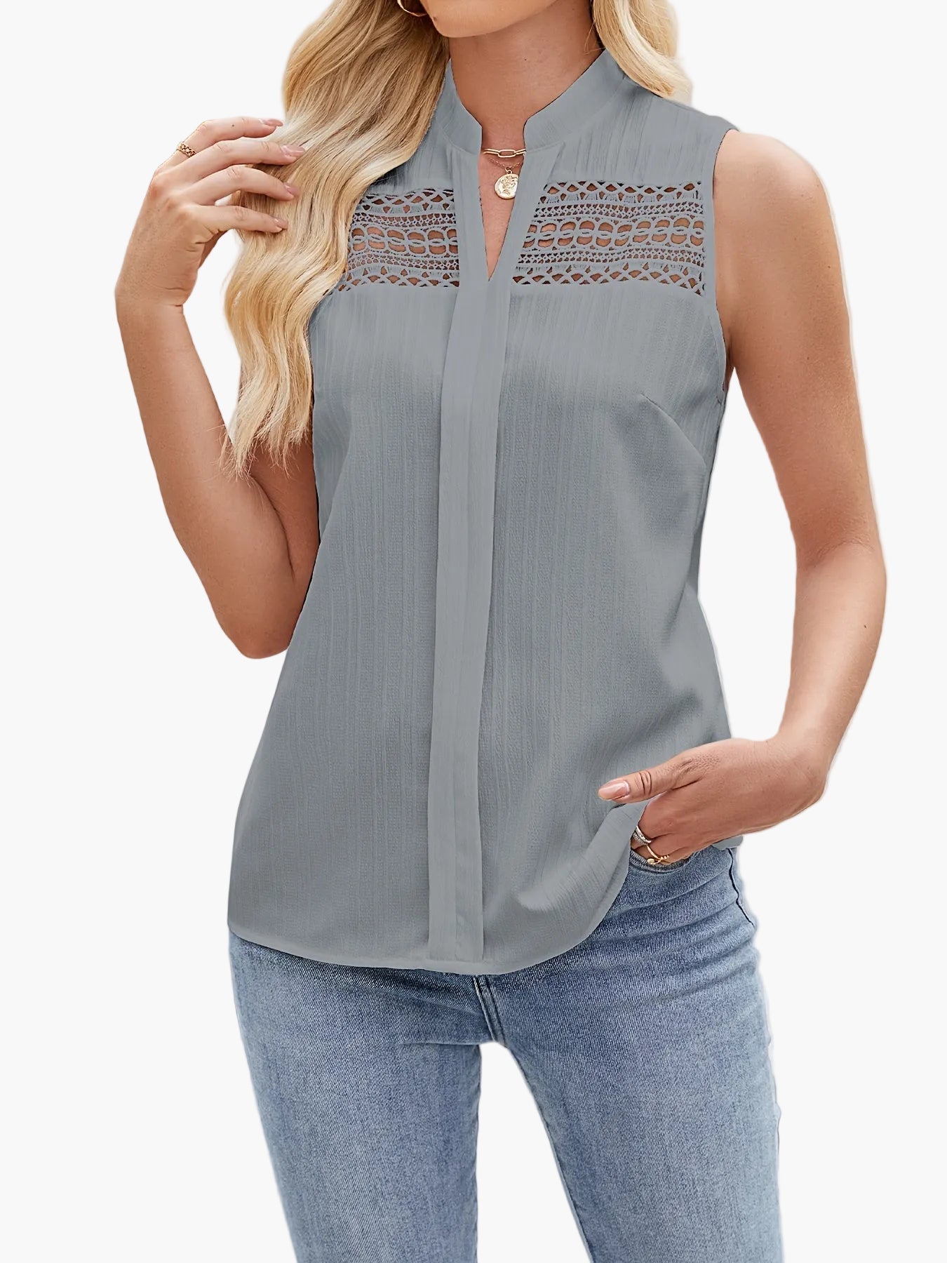 Damblus utan ärm med spetsdetaljer, elegant vardagstopp, sommarstil