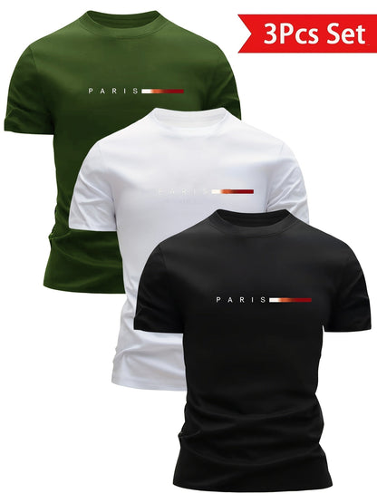 Herr T-shirt 3-pack Set Paris Tryck Sportig och Trendig Stil