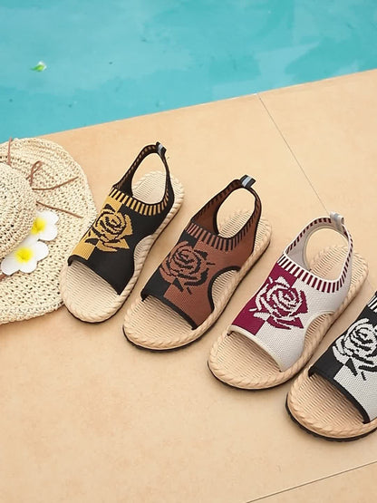 Dam Sandaler med Rosmotiv – Casual Sommarskor med Öppen Tå och Platåsula