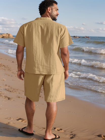 Herrset med kortärmad skjorta och shorts för strand och sommar – Boho-stil