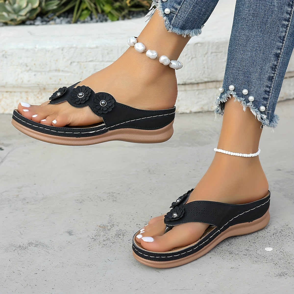 Dam Sandaler med Blommor - Casual Flip Flops för Sommar och Fritid