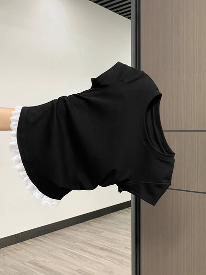 Dam Topp med Korta Ärmar och Ruchade Sidor, Feminint Volangslut, Vardagsstil