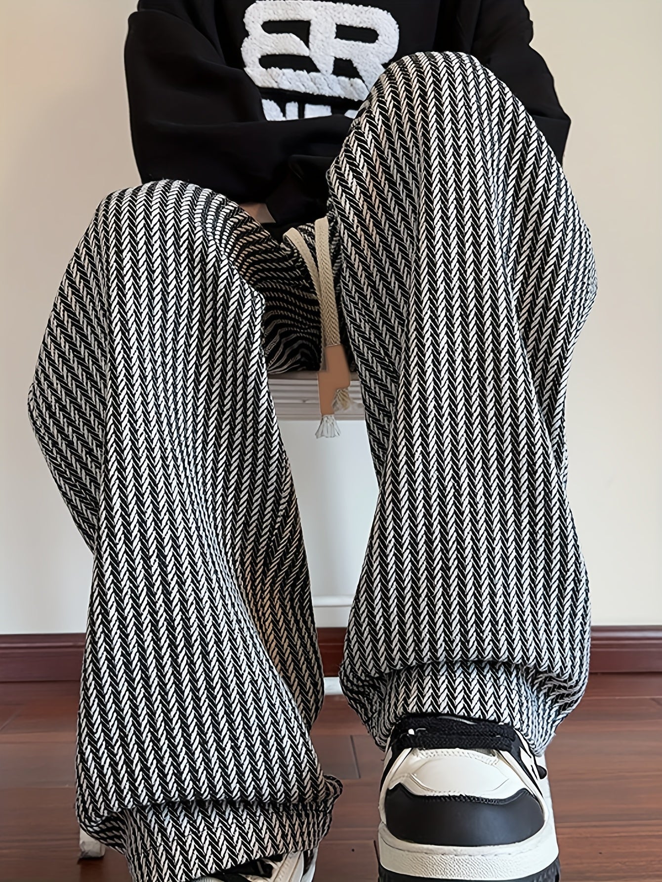 Herr Byxor Rak Benvidd Mönstrade Stickade Streetwear Casual