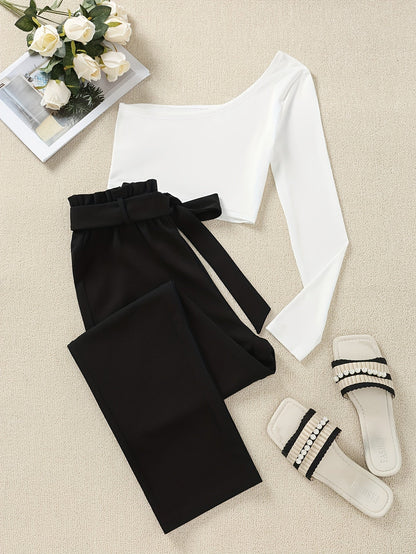 Dam Elegant Off-Shoulder Topp och Slacks Set – Perfekt för Vardagsbruk och Fest