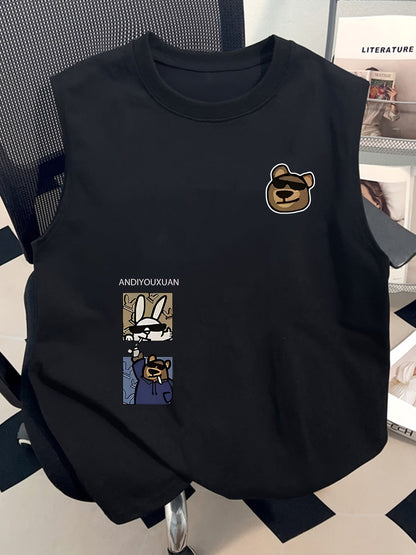 Herrarnas ärmlösa streetwear-topp med tecknad grafik och avslappnad stil