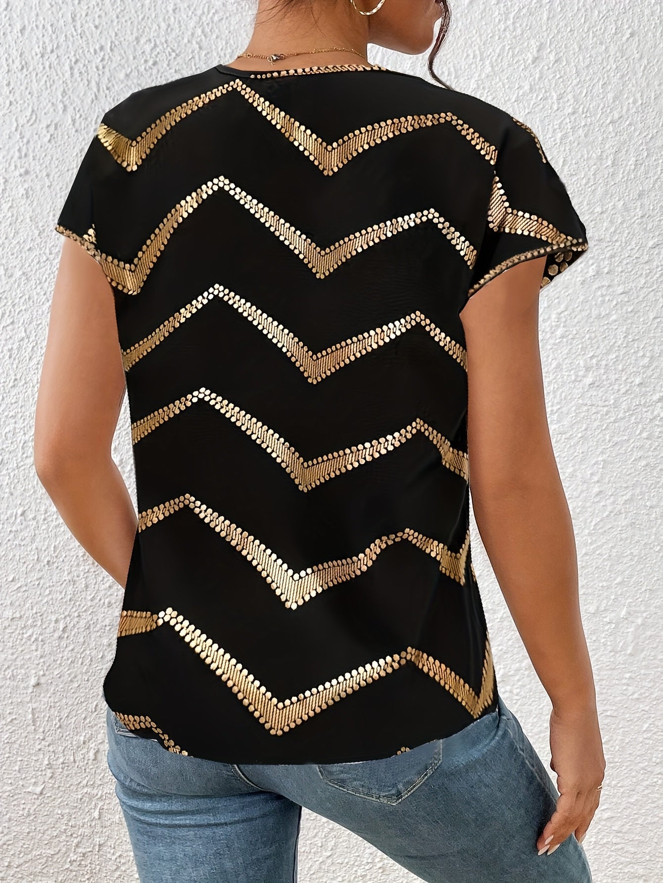 Dam Topp Elegant Geometriskt Mönster Kortärmad Blus för Vår och Sommar
