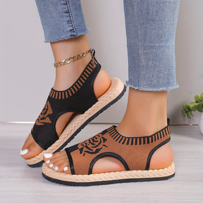 Dam Sandaler med Rosmotiv – Casual Sommarskor med Öppen Tå och Platåsula