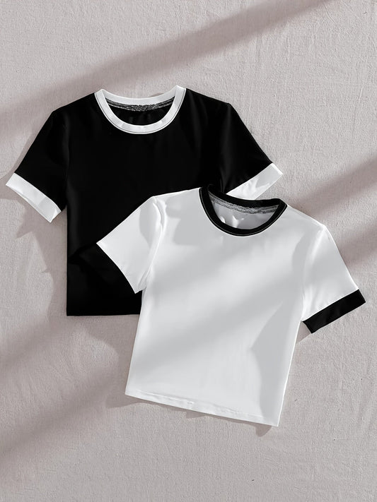 Dam T-shirt Set med Kontrastkant och Kort Ärms, Trendig och Avslappnad Stil för Vardagsbruk