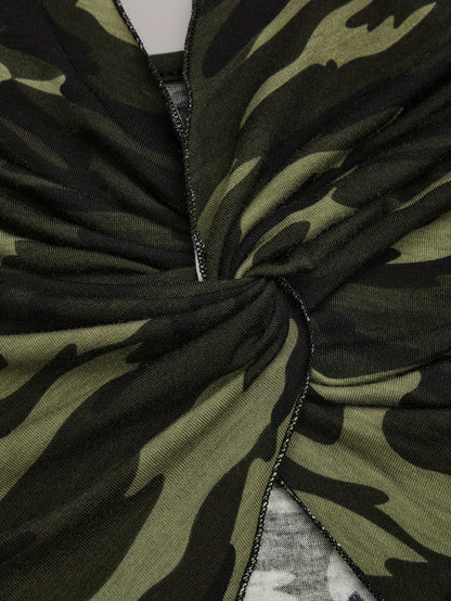 Damlinne med camouflagemönster, twistdetalj och handkerchief-ärm – Trendigt linne för fest och vardag