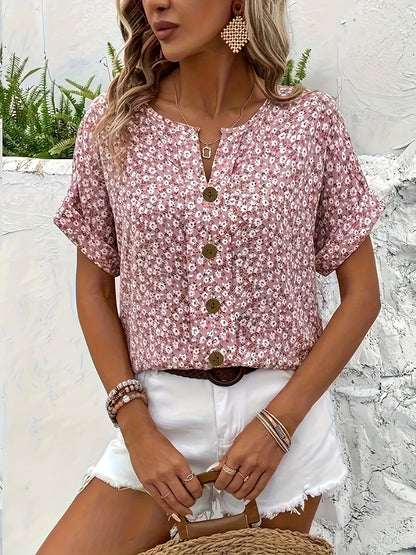 Dam Blommig Kortärmad Skjortblus – Elegant Sommarstil för Vardag och Semester