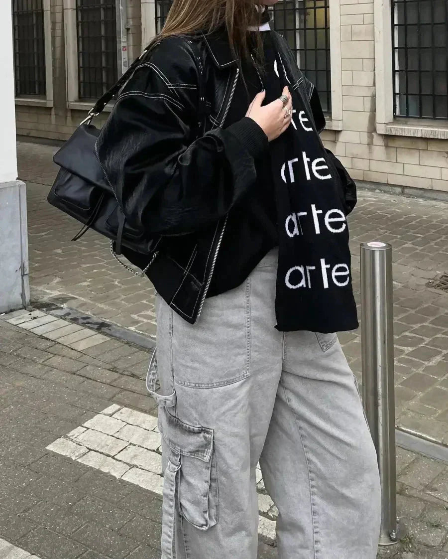 Damjacka – Oversized bomberjacka i PU-konstläder för streetwear och vardag