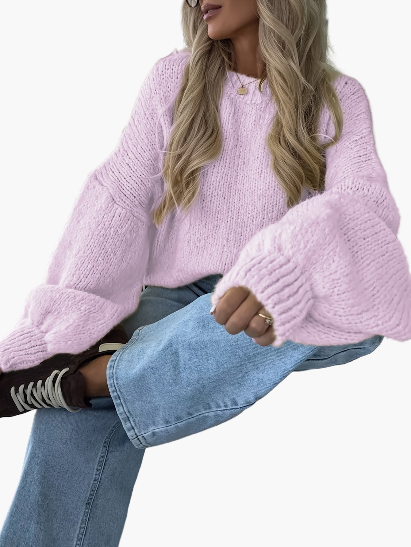 Damstickad oversized tröja med ballongärmar för höst och vinter, avslappnad stil