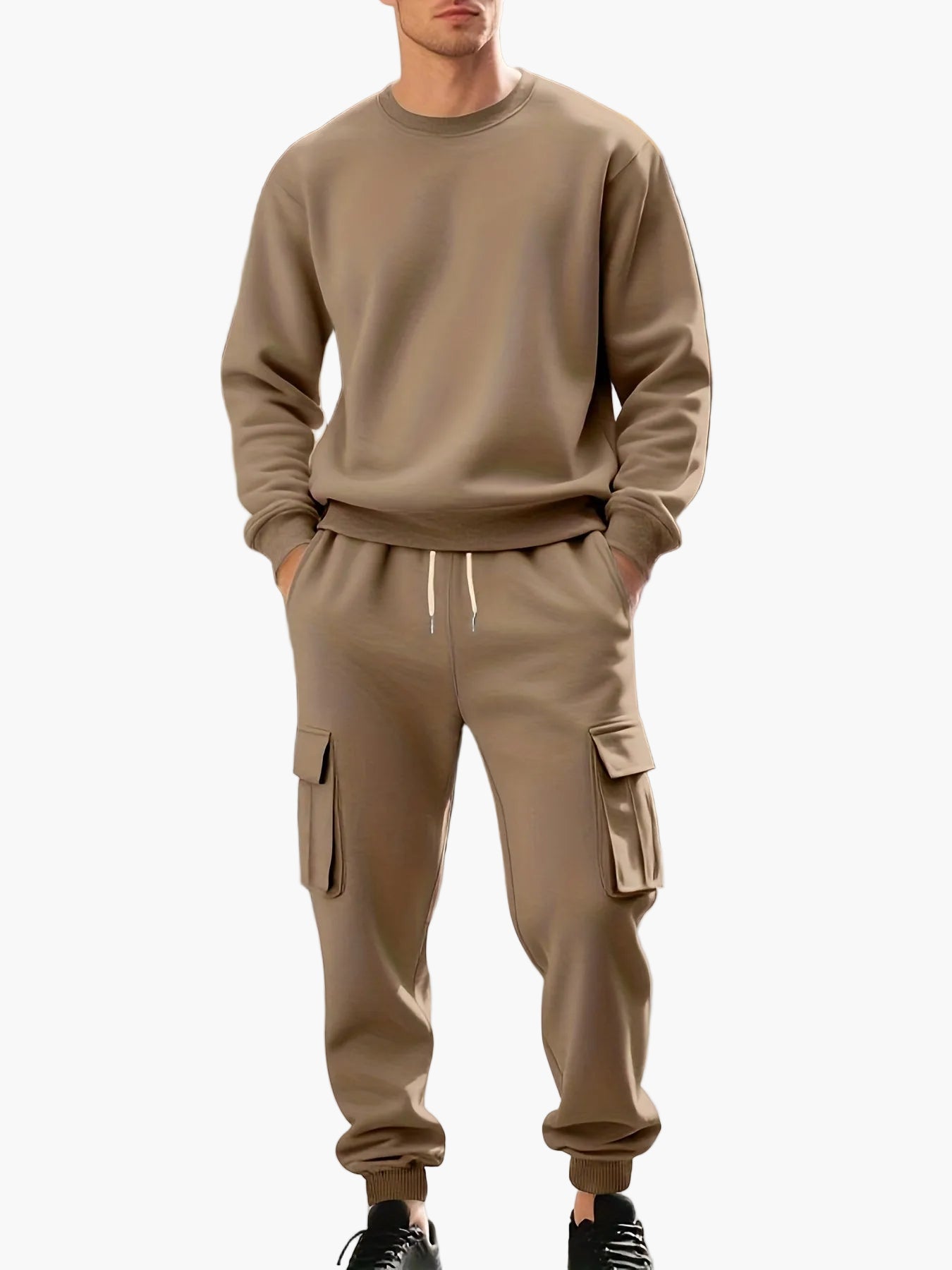 Herr Sportig Joggingdräkt Set med Cargo Byxor och Trendig Sweatshirt Fritidskläder