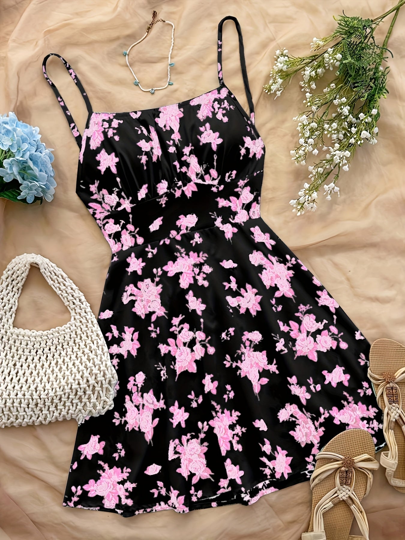 Damklänning med Blommigt Mönster och Spaghettiband – Perfekt för Sommar och Semester