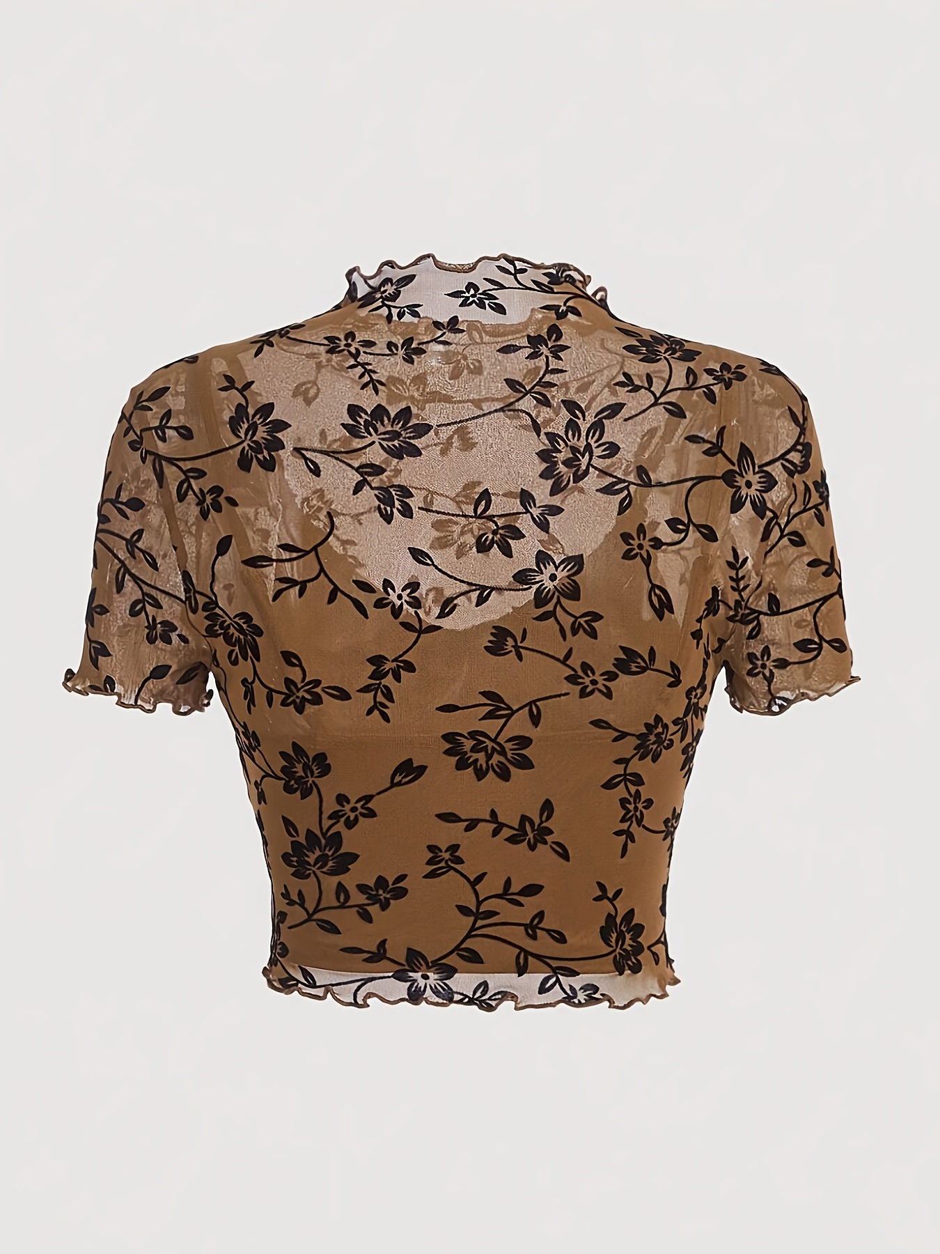 Dam Topp Elegant Mesh Blommönstrad Kortärmad Festtop