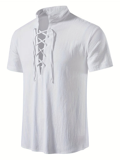 Herr T-shirt med snörning och ståkrage – Trendig avslappnad topp för sommarens fritid