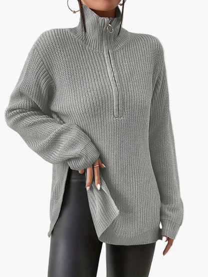 Damtröja med halv dragkedja och hög krage – Trendig stickad pullover för höst och vinter