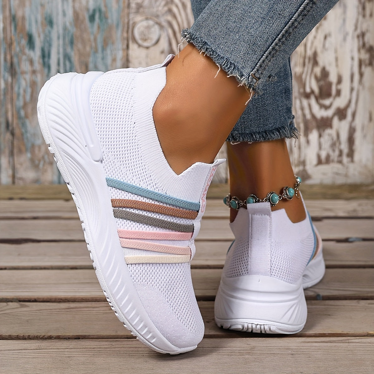 Dam Sneakers Slip-on Sportiga Vardagsskor Låg Modell – Trendig Randig Design