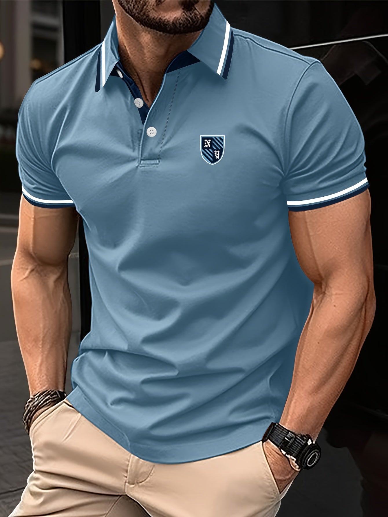 Herr Pikétröja Casual Polo Kort Ärmskjorta med Emblem – Modern Stil för Vardagsbruk
