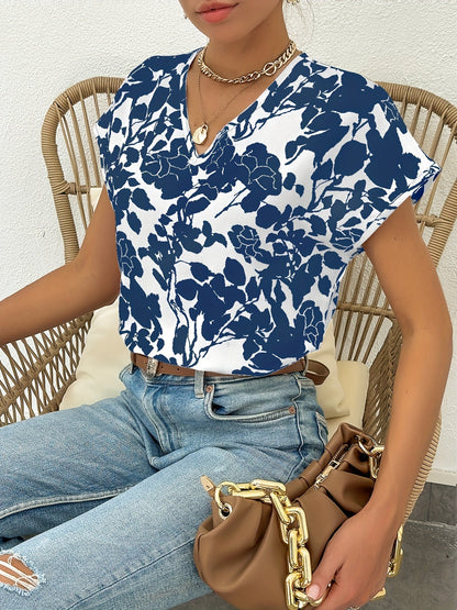 Dam Elegant Blus med Blommönster och V-ringning – Perfekt för Sommar och Vardag