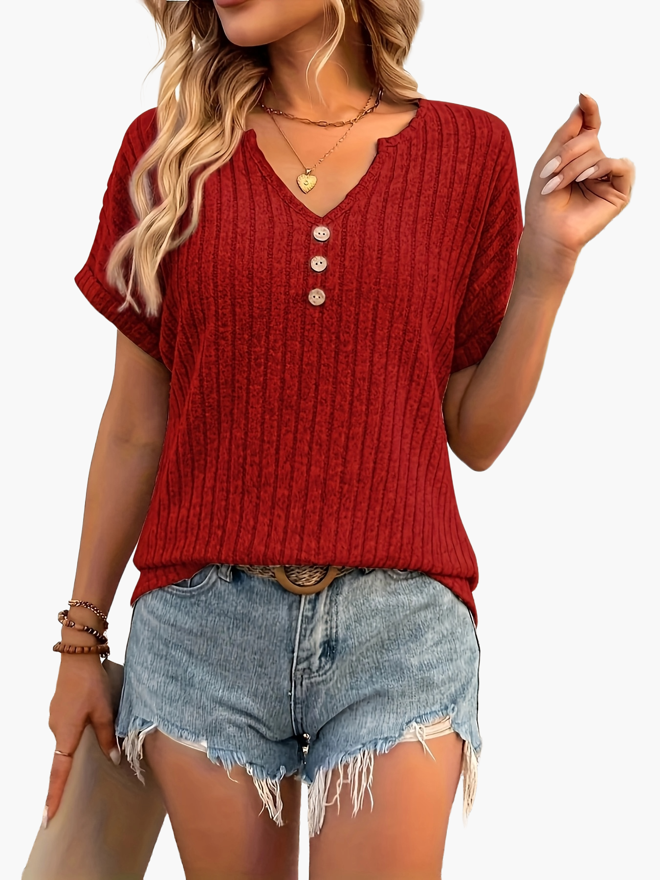 Dam Topp V-ringad Ribbad Knappdetalj Sommar Elegant Kortärmad Blus
