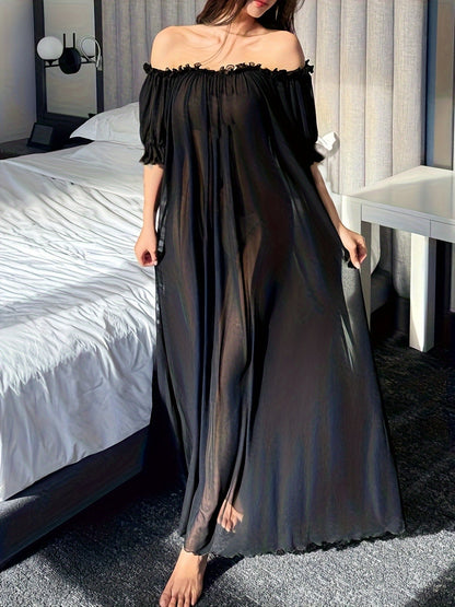 Dam Elegant Off Shoulder Lång Nattklänning med Volang – Sovplagg för Alla Säsonger