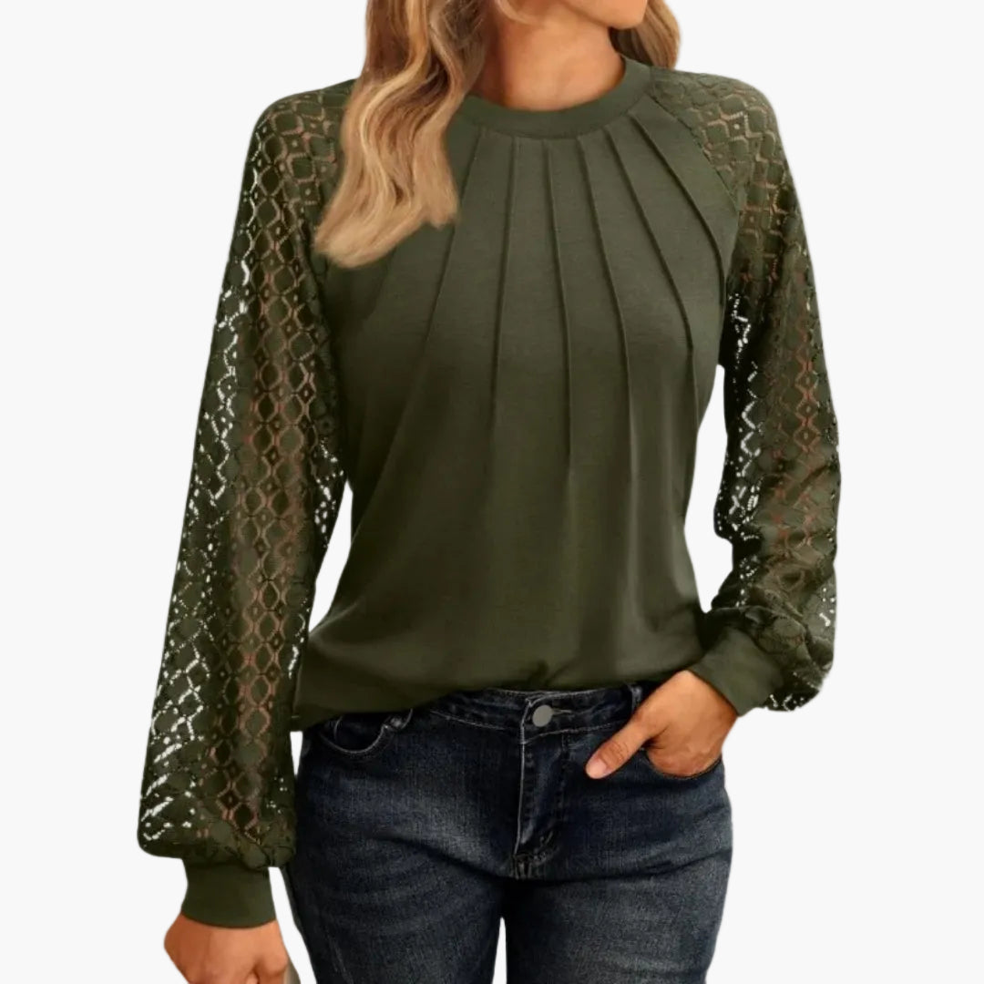 Dam Blus med Långärmade Spetsärmar och Elegant Veckad Front – Perfekt för Kväll och Kontor