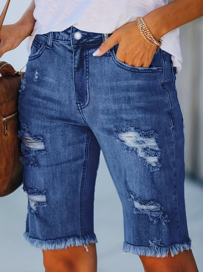 Dam Bermuda Shorts med Ripped Detaljer och Fransad Kant – Trendiga Jeansshorts för Sommar och Vardag