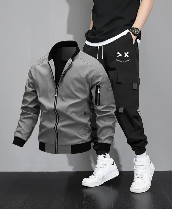 Herr Set med Jacka och Cargobyxor – Trendigt Streetwear för Vår och Höst
