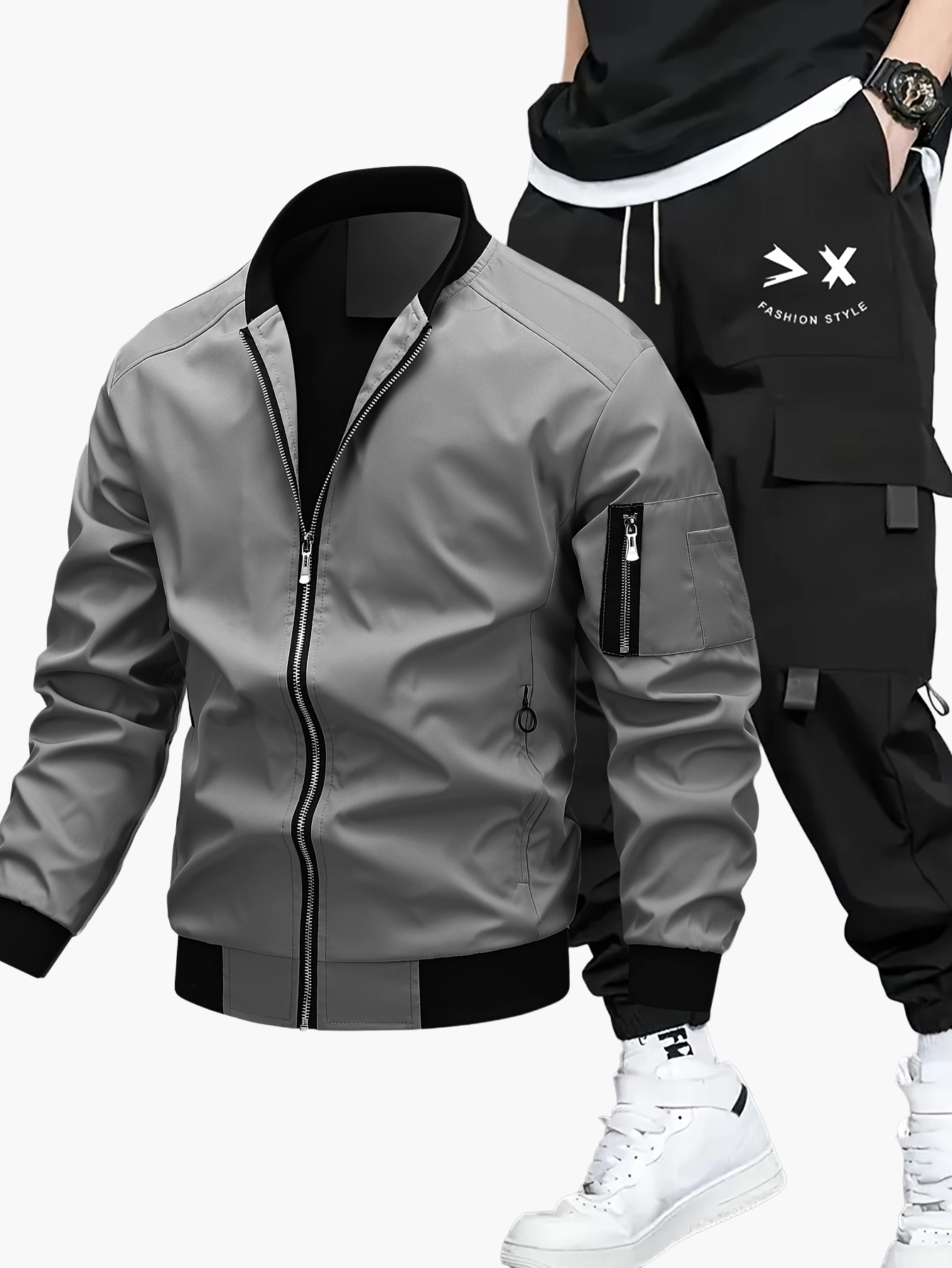Herr Set med Jacka och Cargobyxor – Trendigt Streetwear för Vår och Höst
