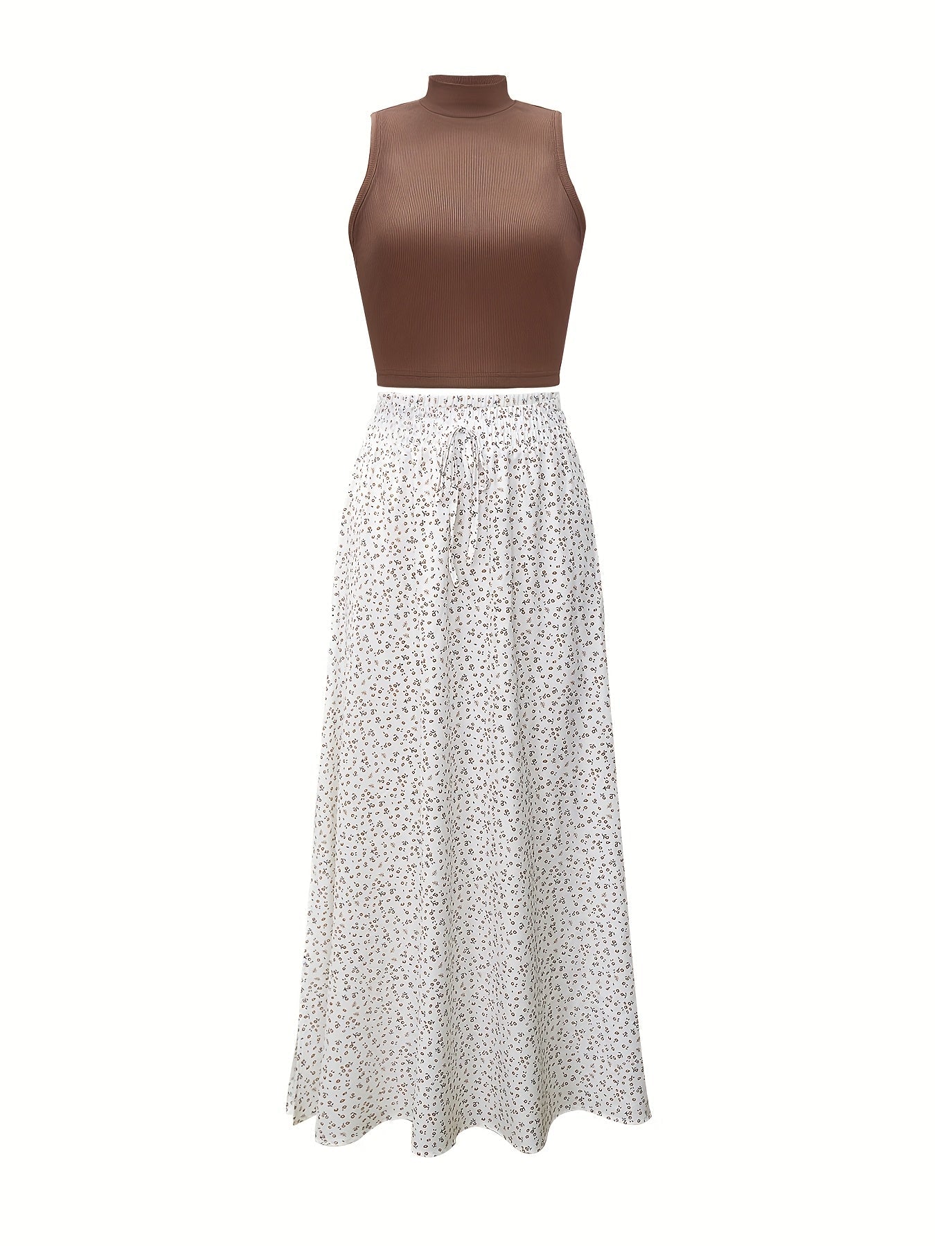 Damlinne med hög hals och blommiga shorts, elegant sommarset