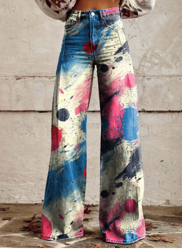 Jennifer – Tryckta Högmidjade Långa Byxor i Premium Vegan Denim