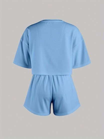 Dam Pyjamaset med Tryckta Hjärtan – Kortärmad Topp och Shorts, Perfekt för Hemma och Sovrum