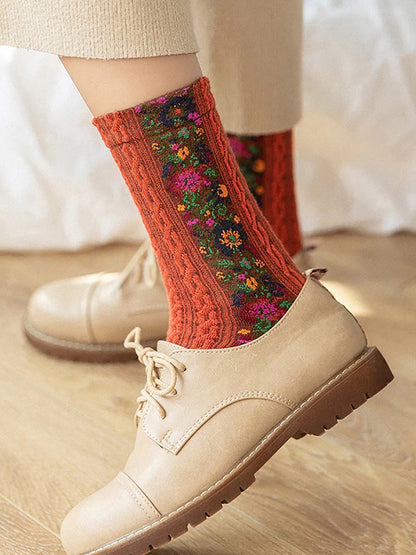 Damsockor med blommigt jacquardmönster för vardagsbruk – Fempack