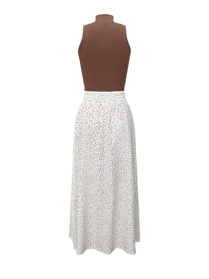 Damlinne med hög hals och blommiga shorts, elegant sommarset