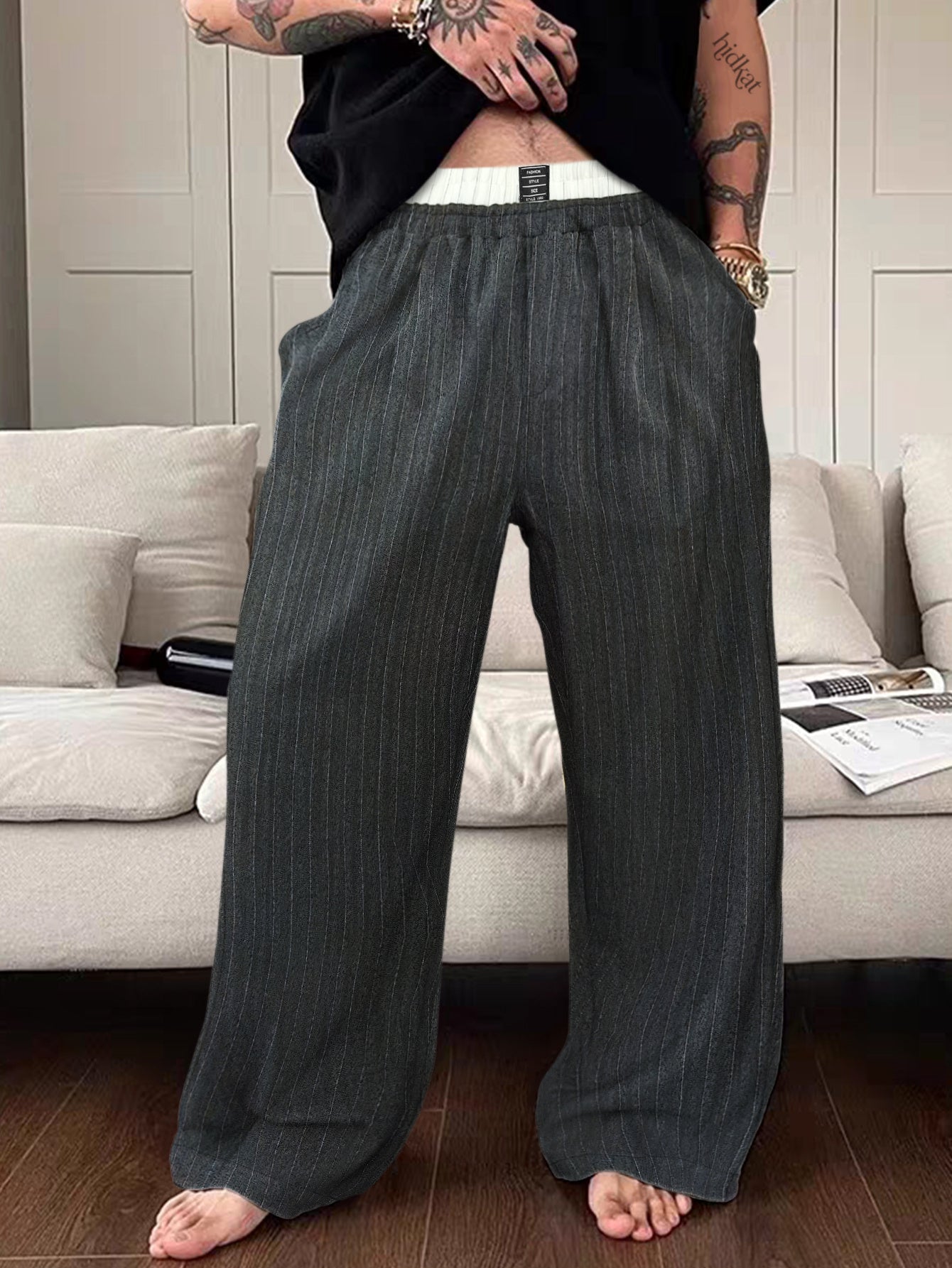 Herrbyxa med vida ben och eleganta ränder – Modern lounge- och fritidsbyxa